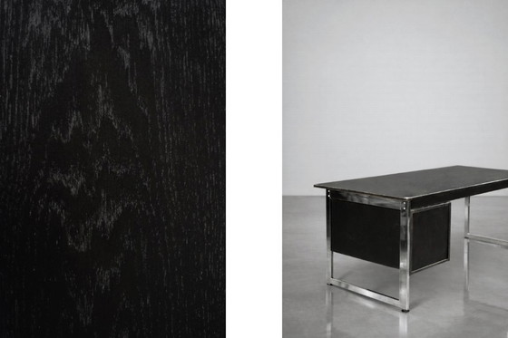 Image 1 of Vintage Mid-Century Danish Modern Minimalist Black Oak Desk with Chrome Base, 1970s