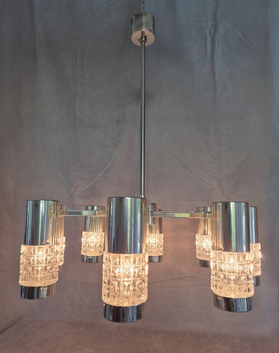 Image 1 of Lustre Kaiser Leuchten 42481/081 Vintage en chrome et verre texturé, 8 lumières, Allemagne, style moderne du milieu du XXe siècl