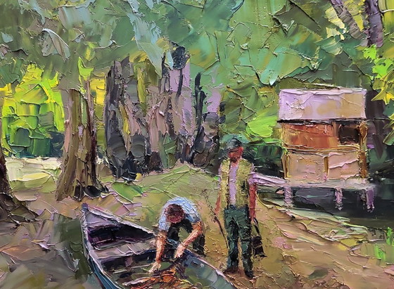 Image 1 of Origineel olieverfschilderij: Landelijk landschap, natuur, een boot nabij de kust