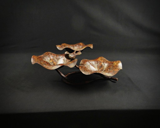 Birdbath in patinated metal, three-level lotus leaf form