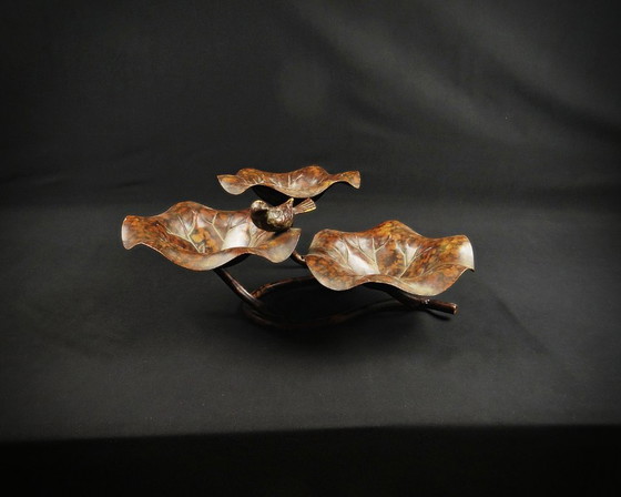 Image 1 of Birdbath in patinated metal, three-level lotus leaf form