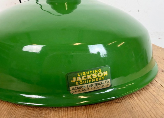 Image 1 of Lampada a sospensione in smalto verde industriale della Jackson Electrical Co., anni '60