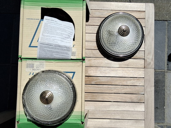 Image 1 of 2 ceiling lights in Hollywood Regency style, crystal glass shade and brass base