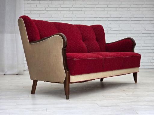 Divano danese a 3 posti degli anni '50, rivestimento originale in lana per mobili rosso/beige.