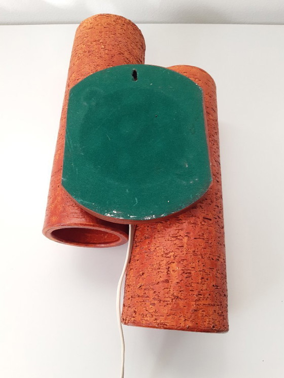 Image 1 of Keramieken vintage wandlamp met twee cilinders, chamotte klei, oranje brutalist aardewerken mcm lamp