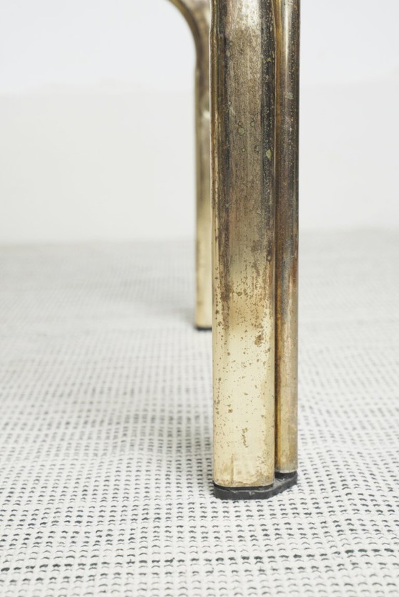Image 1 of Messing-goudkleurige chromen glazen bijzettafel, vintage mid-century modern accenttafel, nachtkastje, jaren 70