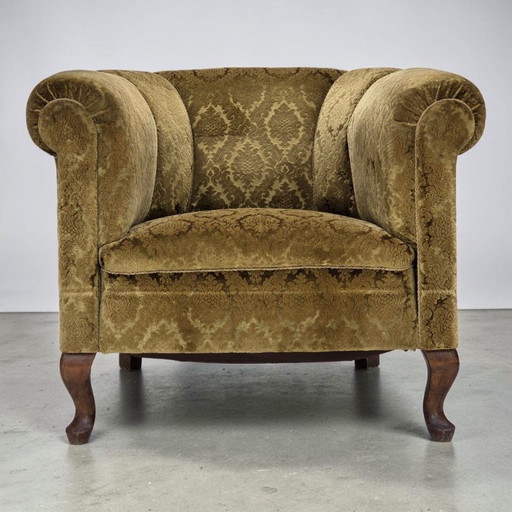 1950er, dänischer Relaxsessel, Möbelvelours, Buchenholz.