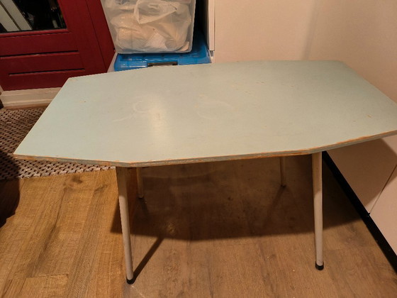 Image 1 of Art Deco shaped mint green side table made of wood with metal legs