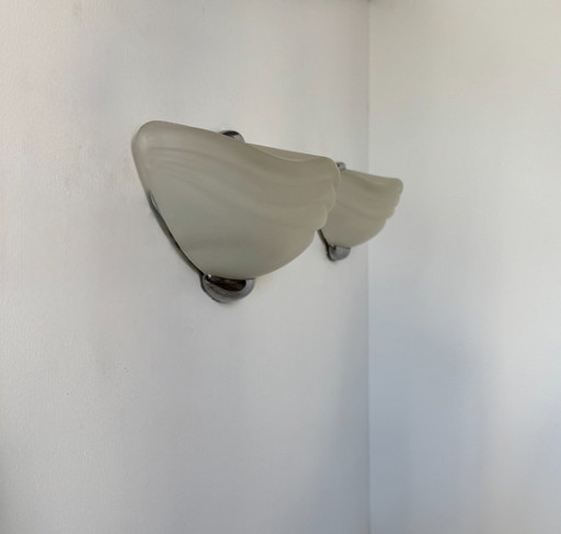 Pair of sconces in chrome and sandblasted glass, Italy, 1970