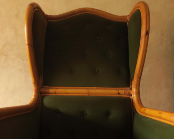 Image 1 of Sillón de orejas de mediados de siglo en bambú y verde oliva, década de 1960