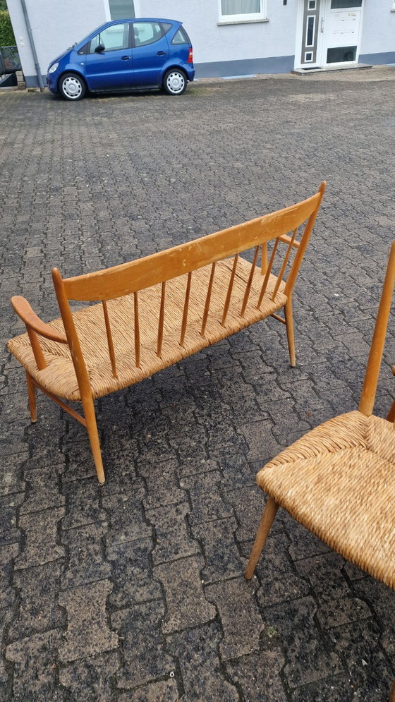 Image 1 of Juego de comedor de los años 50, madera de haya y caña – 6 sillas + banco, estilo Arno Lambrecht