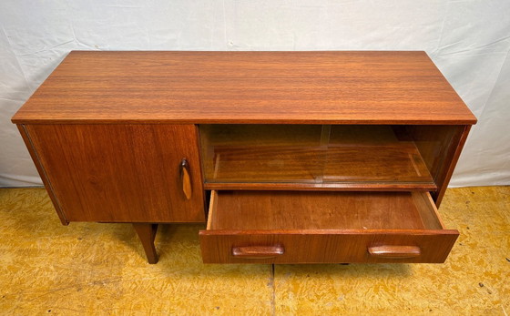 Image 1 of Mid-Century Retro Vintage Teak Small Sideboard by Jentique 1960s  Sliding Glass Doors • Elegant Danish Influence • Perfect Compa