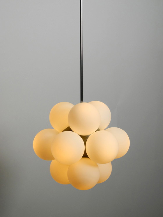 Image 1 of Beautiful Unused 1960S Atomic Space Age Kaiser Leuchten Metal Ceiling Lamp With 12 Glass Spheres In Light Gray