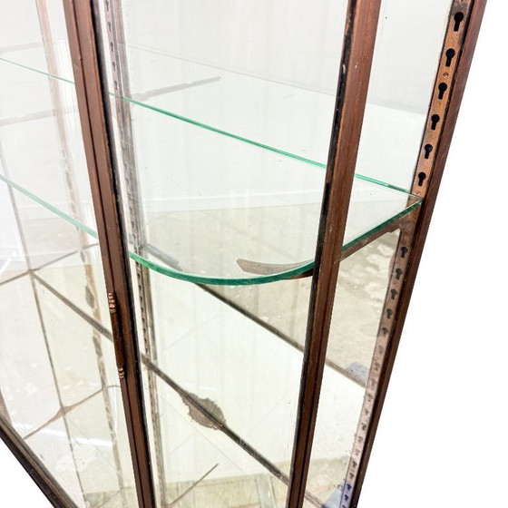 Image 1 of Grote antieke museum vitrinekast met gebogen glas – bronskleurig metalen vitrinekast