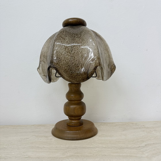 Image 1 of Vintage Brutalist Glass Table Lamp with Solid Oak Wooden Base, 1970s