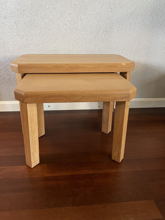 Image 1 of Massief eiken brutalist nesting tafeltjes vintage set 60/70
