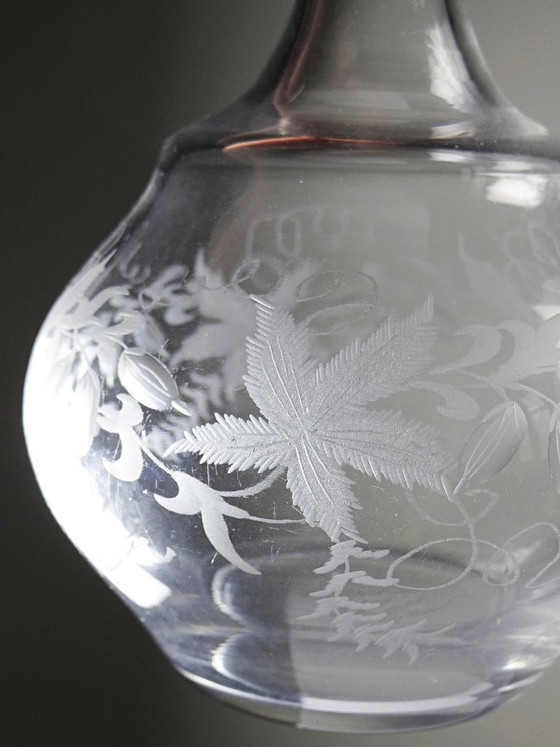 Image 1 of Antique engraved crystal decanter with vegetal decoration, Bohemian 19th-20th century