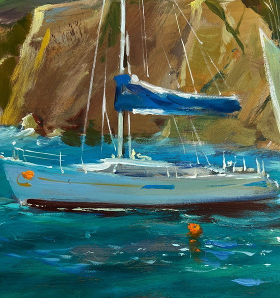 Image 1 of Original Oil Painting Sea Coastal Landscape Sailing away on a yacht