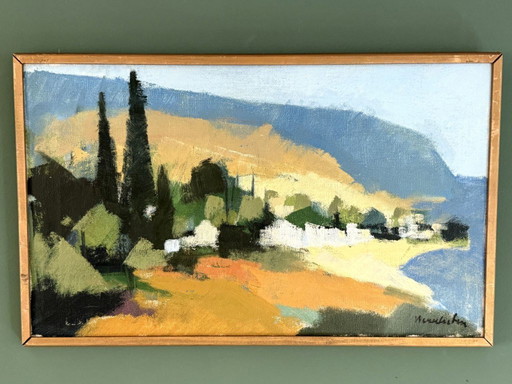 Dipinto a olio modernista 'Ibiza Village' di Stig Wernheden (1921-1997)