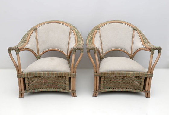 Image 1 of Pair of Mid-century Modern Italian Rattan and Wicker Armchairs, 1970s