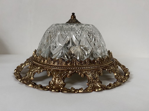 Vintage Hollywood Regency plafonnière messing met kristal glas kap