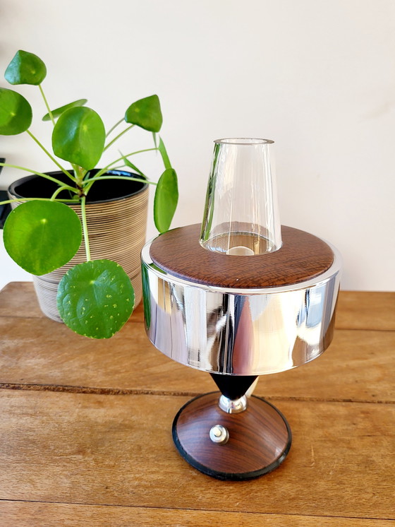 Image 1 of Vintage table lamp, round wooden base finished with chromé, 1950s