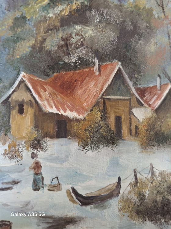 Image 1 of Oud olieverfschilderij, winterlandschap / schaatsers, gesigneerd Hoffmann, met lijst.