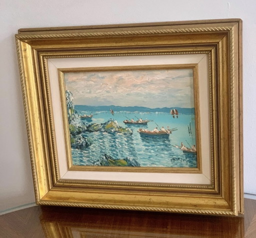 Fischer in der Bucht von Capri - Die Faraglioni von Capri - Öl auf Holz - Signiert Castiglione (ohne Rahmen)