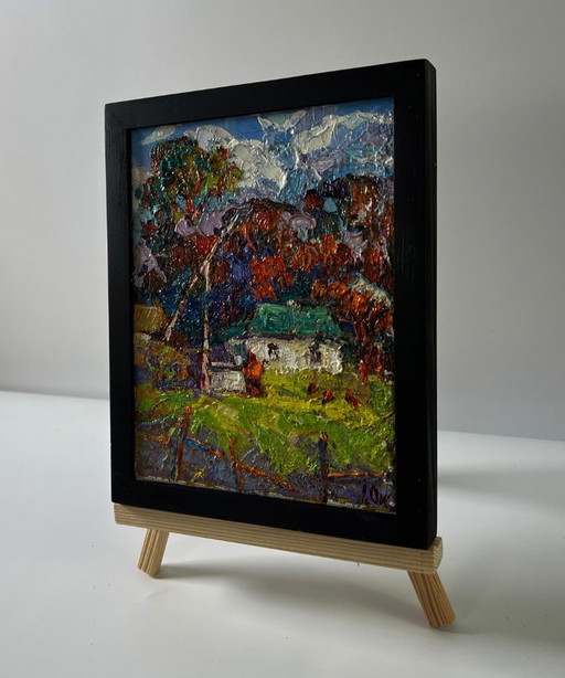 Original Oil Painting Autumn Village Landscape Country Day Near The Well – schilderijen tekeningen, Canvas (photo 2 of 8)