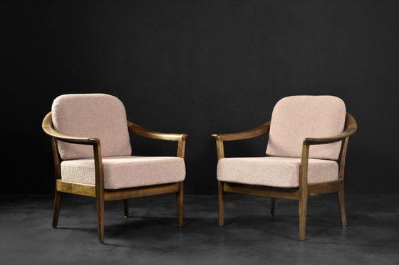 Image 1 of Mid-Century German Modern Elegante Kirschholz- und schmutzigrosa Stoffsessel von Wilhelm Knoll, 1970er Jahre, 2er-Set