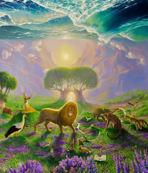Original Oil Painting Nature Landscape Fantasy Animals Creation of the World – schilderijen tekeningen, Canvas