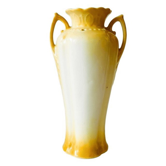 Vintage Art Nouveau Style Small Vase Yellow Pink Gold Flowers 1970s – Ceramic (photo 7 of 9)