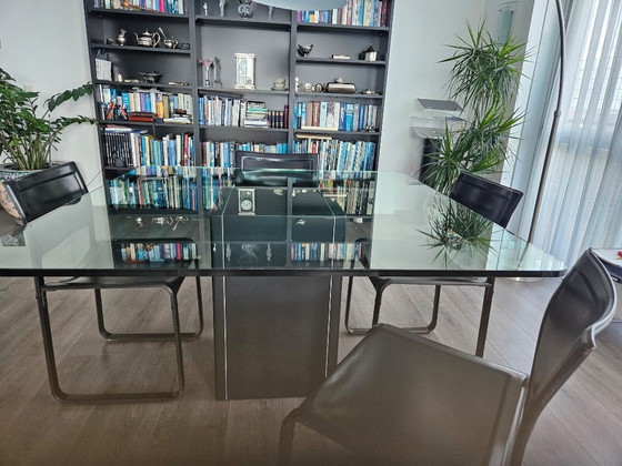 Image 1 of Table de salle à manger en verre avec 4 chaises en cuir
