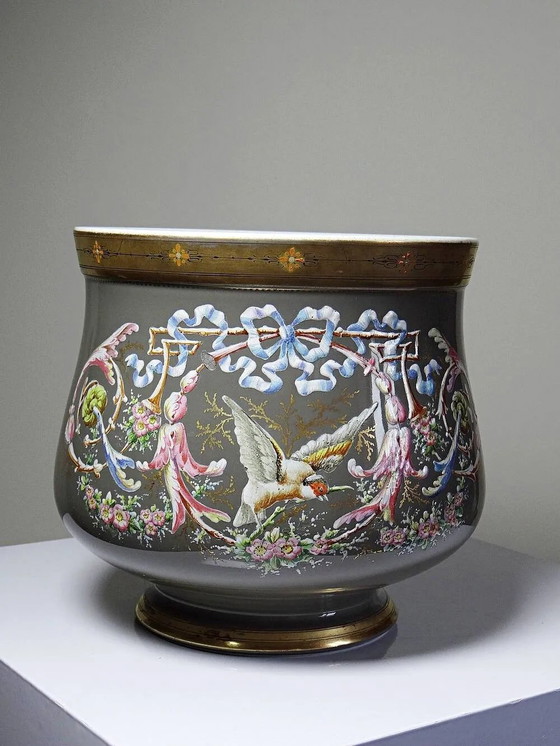 Grande Vasi per piante antico in porcellana smaltata, decoro rocailles con uccello, XIX secolo., Ancien (foto 4 di 14)