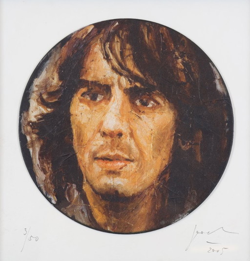 Oliver Jordan (1958) - Portrait of George Harrison - 2005 - Oil on an LP - 43 x 43 cm
