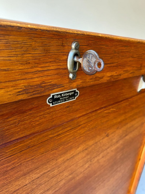 Image 1 of Antique German oak roll-top wardrobe with original key and working wooden roll-top. Made around 1920–1935