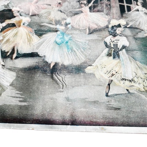 Image 1 of Antieke set foliedruk schilderijtjes ballet bloemen folieprint metaalets 1920's