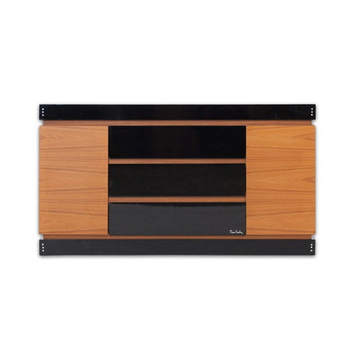 Black lacquered wood and teak vintage storage cabinet by Pierre Cardin, 1970