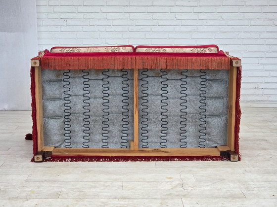 1970s, Danish 2-seater "Spanish" drop arm sofa, furniture velour., 2 seaters, Velvet, Wood, Red (photo 3 of 23)