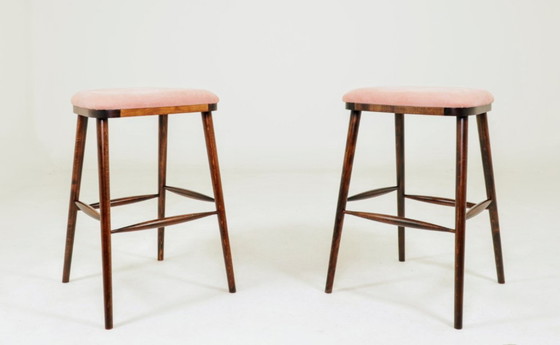 Image 1 of Sgabelli da bar in velluto a coste rosa, set da 2 in legno massello