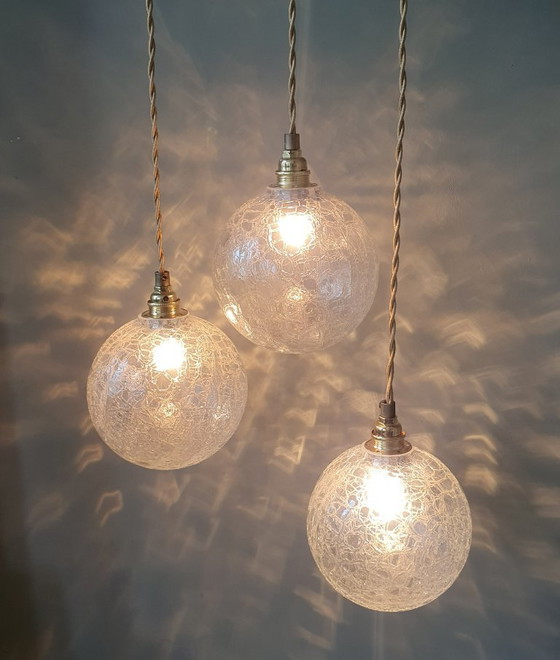 Set (3) Vintage Crackle Glass Sfera / Lampade a sospensione - Midcentury – Metal (photo 6 of 21)