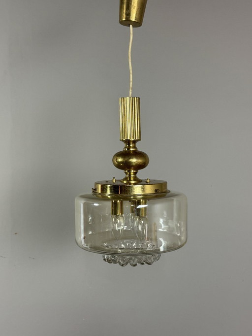 Mid-Century Brass and Glass Pendant Lamp, Attributed to Doria. Germany, 1960s.