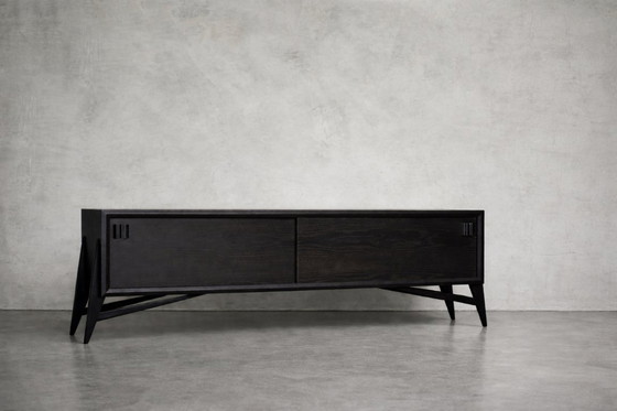 Image 1 of Vintage Mid-Century Scandinavian Modern Dark Oak Sideboard with Wooden Handles, 1960s