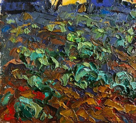 Image 1 of Original Oil Painting Evening Village Landscape Cabbage is being planted in the garden