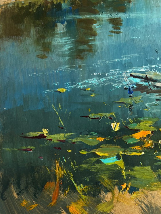 Image 1 of Original Oil Painting Summer Coastal Landscape A lonely boat by the river