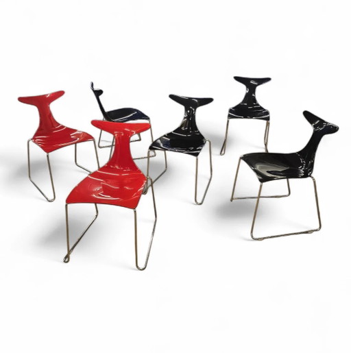 6 x sedia Delfy di Gino Carollo per Ciacci Kreaty / Italia anni '90 / 2 x rosso - 4 x nero