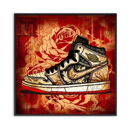 Thirteen: "Nike Jordan by Shepard Fairey." Hand-signed, edition 6/10. Glicee on canvas. Includes frame and hanging system.