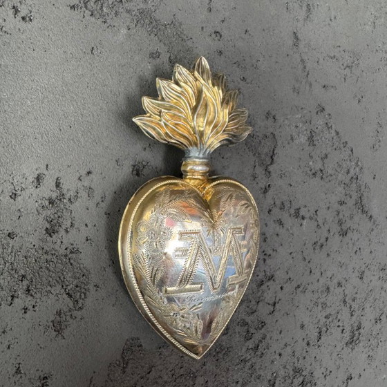 Image 1 of 19th-century French Ex-Voto Heart - Silver & Gilt - "Reconnaissance" - Lourdes - ca. 1850-.