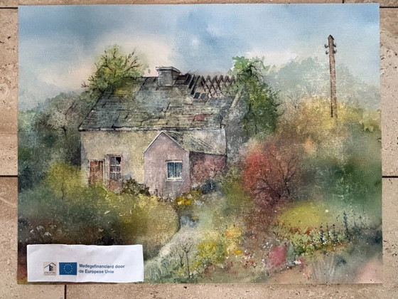 Image 1 of 10x landschappen, acryl op papier, niet ingelijst