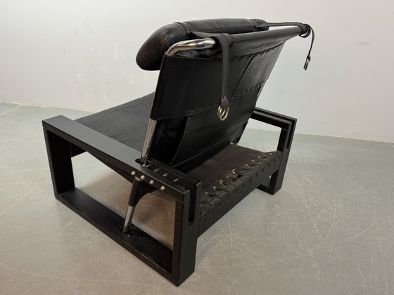 Image 1 of Beautiful black leather Brutalist armchair, designed by Sonja Wasseur. Amsterdam, Netherlands, 1970s.